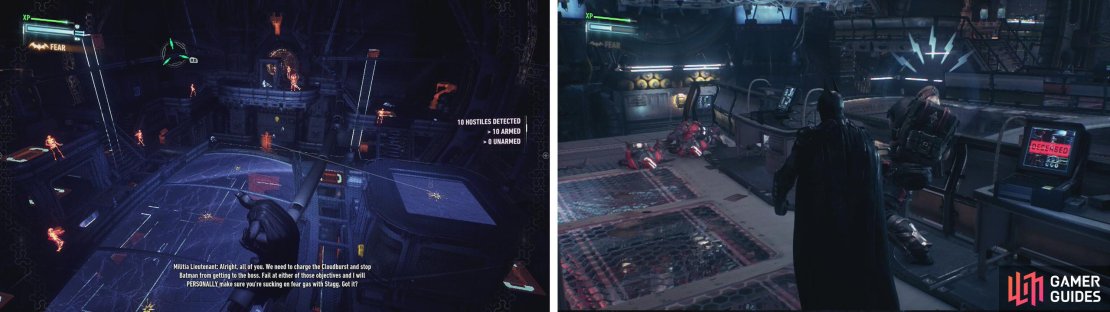 Use the vantage points to view the area before making a move (left). Leave the Minigunner for last (right).