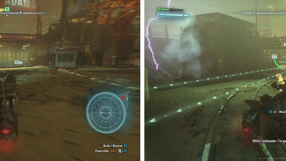 Enter Port Adams (left) and fight off the Drone Tanks within (right).
