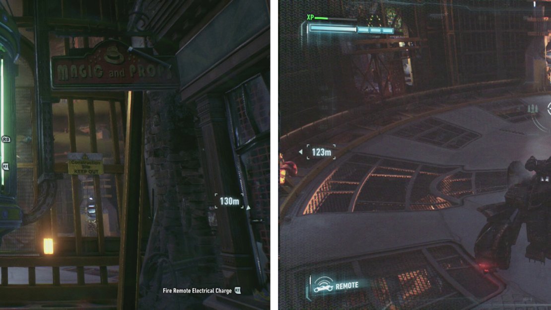 After disabling the second generator (left) lower the Batmobile to the bottom of the room and use the anchor points to lower the floor (right).
