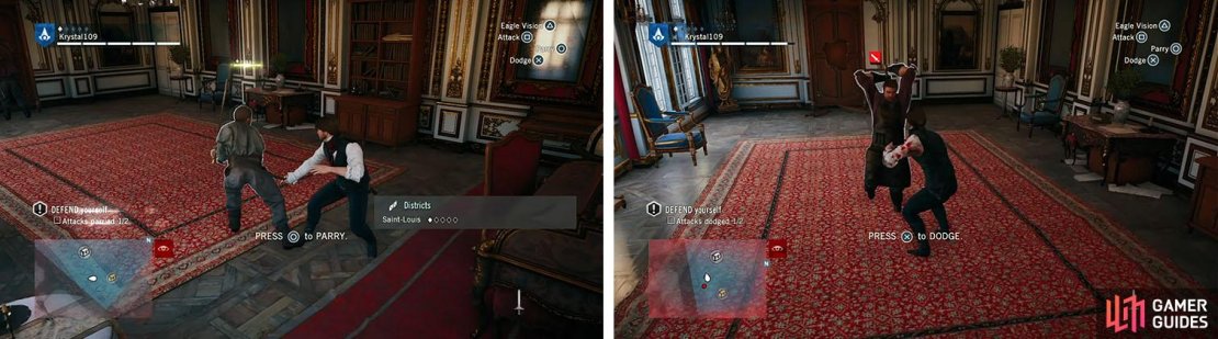 Parry Hugo and Victor&rsquo;s attacks to complete both objectives before finishing them off.