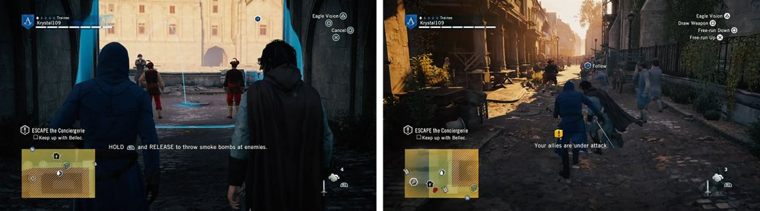 Toss a Smoke Bomb to distract the guards and escape the area.