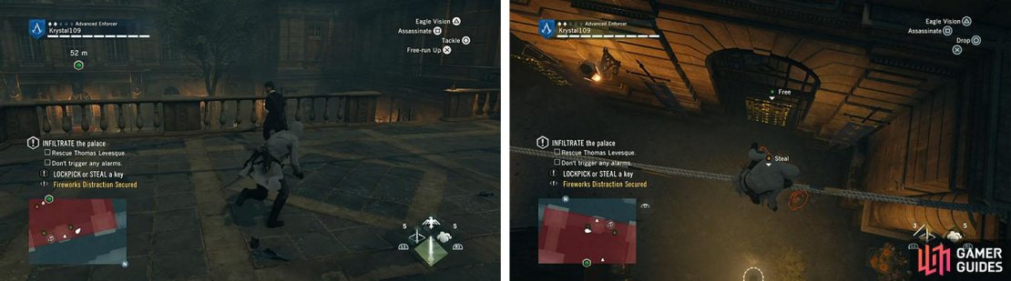 Climb up to the landing and kill the snipers (left). Once in position on the rope wait for both guards to walk over and be highlight to double air assassinate them (left).