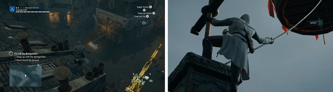When the balloon crosses the open plaza turn left and use the rope above (left). When Elise get&rsquo;s stuck on the chapel roof climb up and free her (right).