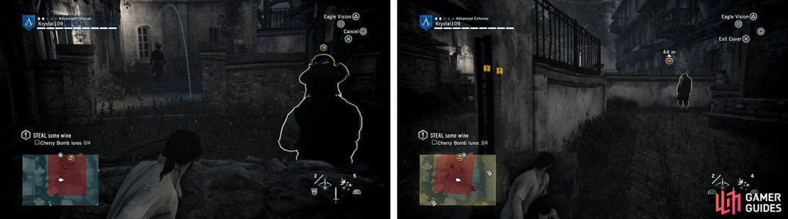 Toss Cherry Bombs to distract the guards to cross the gap (left). On the other side, wait for the Brute to turn his back to continue (right).
