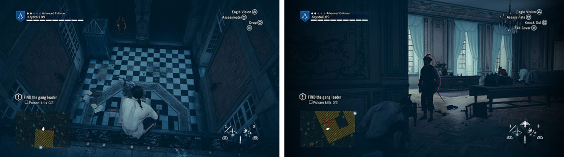 Wait for the Defender to walk away before you air assassinate the guard (left). Inside, wait for the patrol to come close and kill him (right).