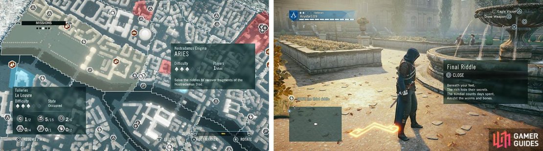 Enigma&rsquo;s are markes by the scroll on the map (left). Using the riddles you must find the next symbol until you find the final riddle, leading to the final symbol (right).