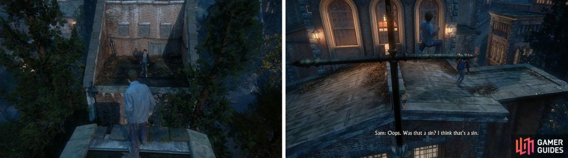 Leap across the huge gap and then continue until you swing across the cross.