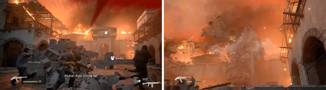 The turret will tear through your cover (left), so keep moving forward until Alcazar&rsquo;s men take out the tower with an RPG (right).