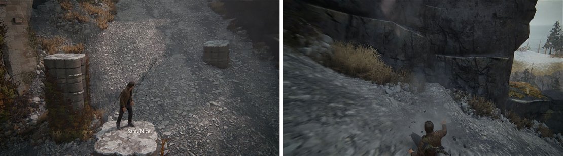 Use the pillars to reach the highest part of the slope and then slide down and grab the ledges on the opposite side.