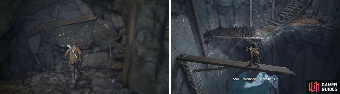 Find the tunnel at the back of the encounter area (left) and make your way to the wooden beams that leads to a set of stairs (right).
