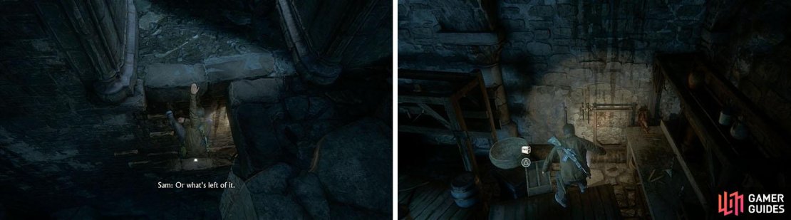 Don&rsquo;t miss the treasure on the ledges below the broken bridge (left) and another when you climb up the via the metal crate (right).