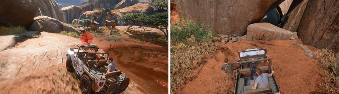 The cairn by the ruins here is easy to miss (left). Don&rsquo;t forget to also exit the vehicle to examine the cave for a treasure as well (right).