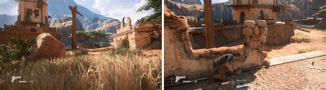 Hide in the grass until it&rsquo;s clear to cross to the right structure (left). After killing the enemy wait again to head to the main tower platform (right).