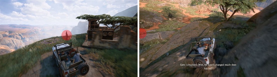There is a cairn at the top of the hill near the ruined building (left). On the way back down head for the flat rock with another cairn that&rsquo;s easy to miss (right).