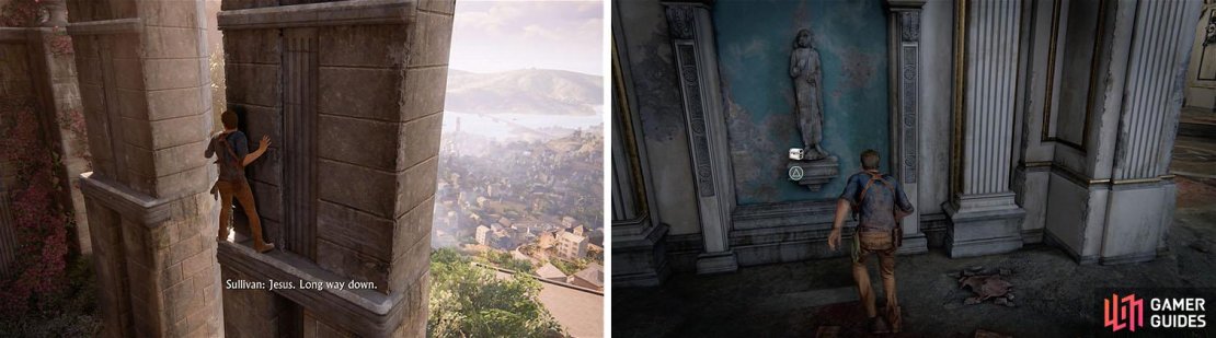 Enter the clock tower and make sure to pick up the 50th treasure.
