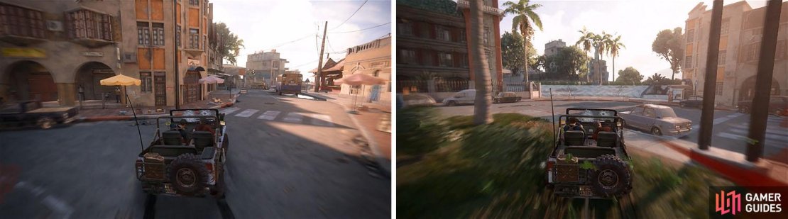 In the plaza take the street to the right first (left), moving the turret truck away from the stairs that you’ll circle back to (right).