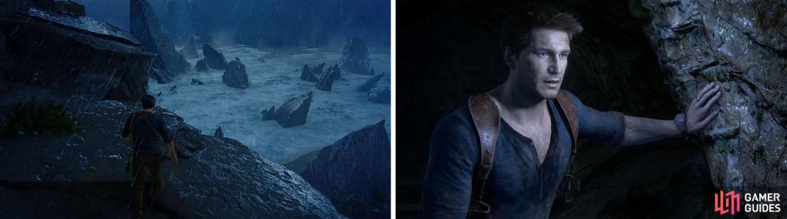 Climb the storm wrecked coast until Nate falls (left). After the storm you&rsquo;ll get a glimpse of Sam and be on your way again (right).