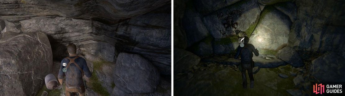 Collect the treasure in the cavern and then climb up the ledges to find a corpse.
