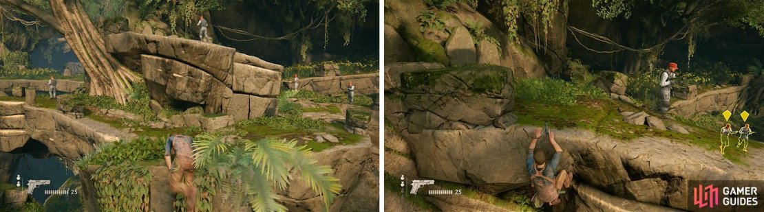 Pull up to the top of the pillar when it&rsquo;s clear and jump across to the ledge ahead (left). Wait for the right opportunity to climb up next to the enemy (right).