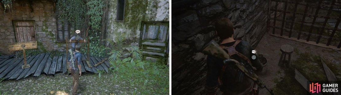 Sam sure does look good in the stocks, especially Nate&rsquo;s drawing of it (left). Inside, get the treasure from the locked cell (right).