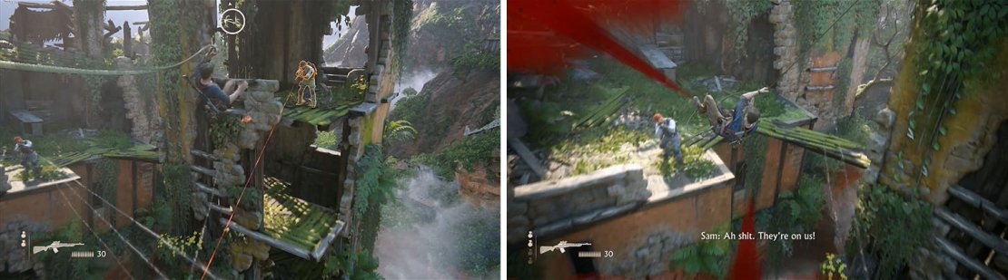 When you switch from one grappling point to the other you&rsquo;ll need to watch out for the enemy below (right), as you don&rsquo;t want to kill him.