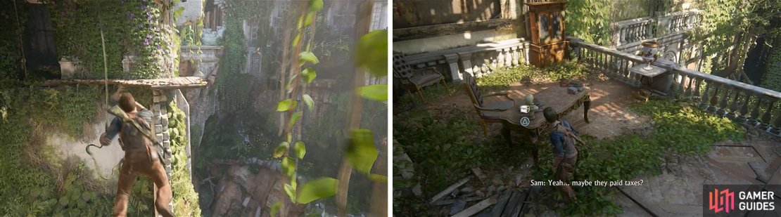 There&rsquo;s a treasure where you swing across here (left) and another at the top right side of the grand staircase (right).