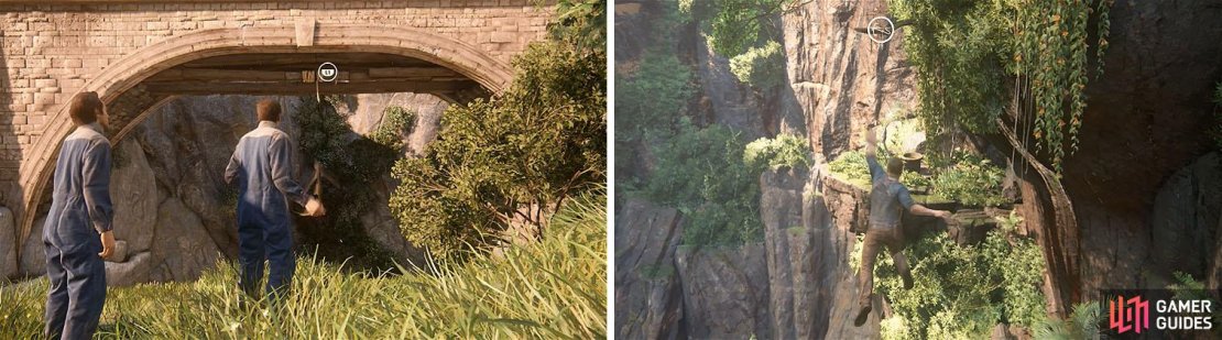A grappling point will appear as L1 when you&rsquo;re within range (left), but sometimes you&rsquo;ll have to be in midair to even spot the grappling icon (right).