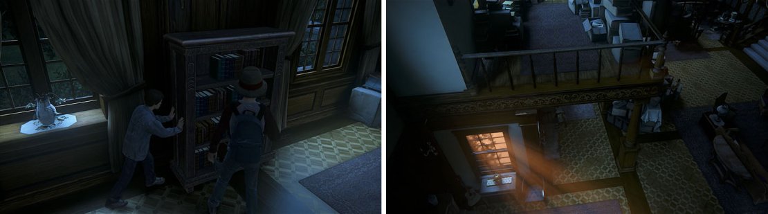 Use the bookcase the jump back on the upper balcony, where you’ll find a treasure.