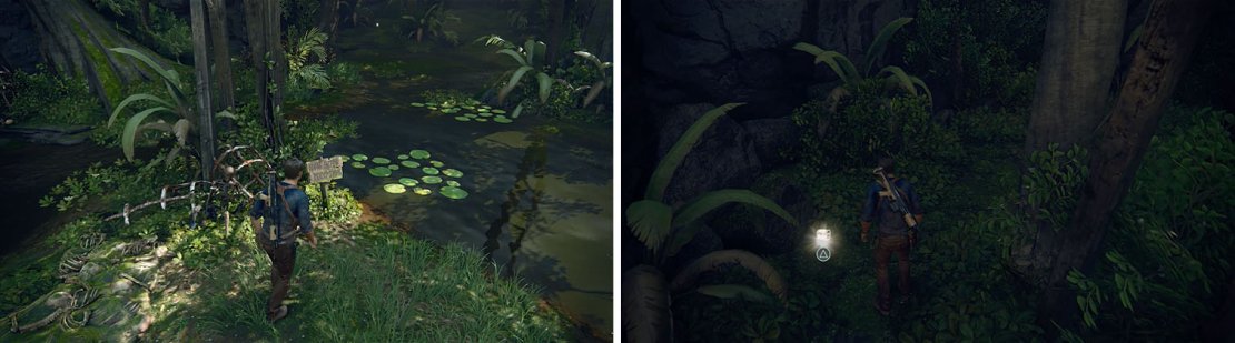Elena will read this sign for a conversation (left) and then collect the treasure in the back of the area (right).