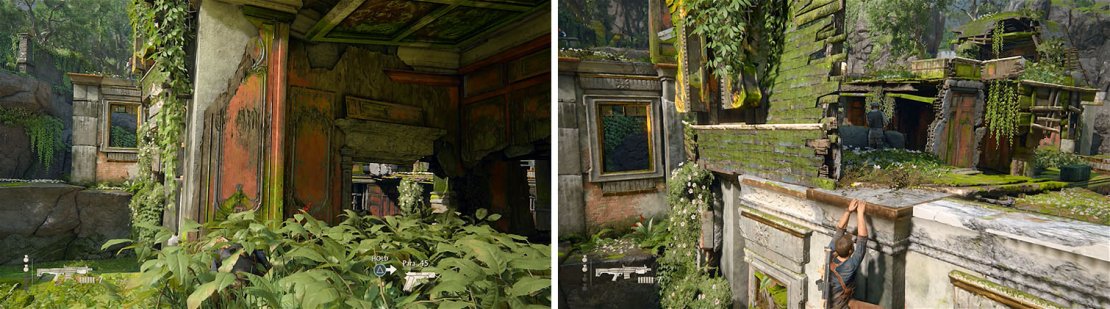 Wait for the enemy in the upper left to move (left) and climb the wall to this ledge where you can&rsquo;t be seen (right).