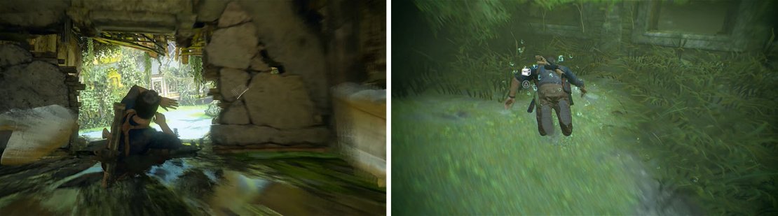 After falling through Want&rsquo;s mansion (left), check the corner of the building underwater to find a treasure (right).