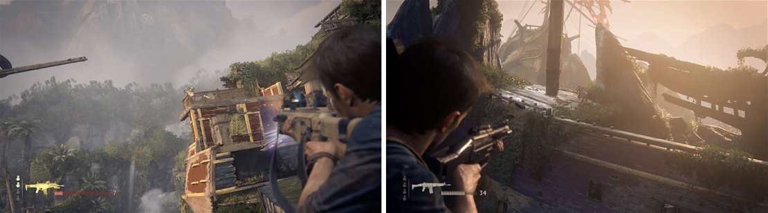 Deal with the RPG enemy to advance (left) and then target the enemies on the opposite ship (right).