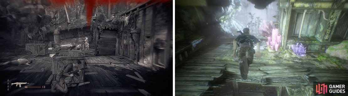 Defeat the DShK with grenades or a rocket launcher (left). You&rsquo;ll then need to swim through the hull of the sinking ship (right).