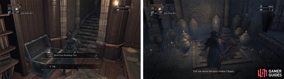 Grab the Workshop Tool, to add Blood Gems to your weapons, and then speak with the NPC.
