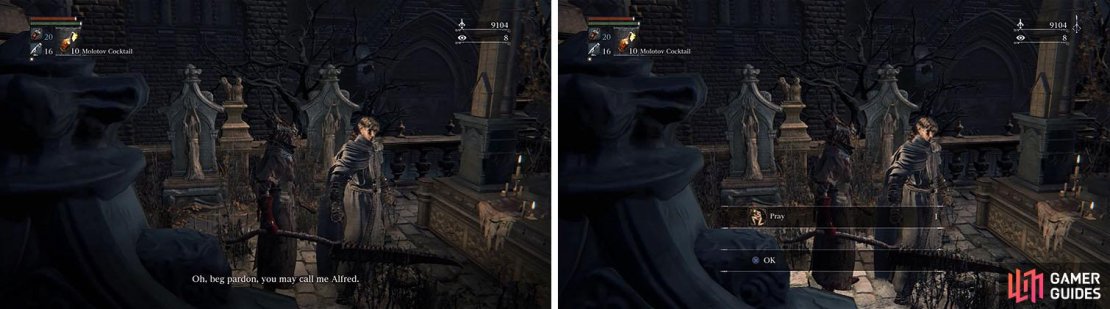 Meet Alfred, a hunter of the Vilebloods, and agree to work together for some items.