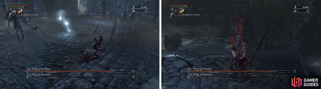 Avoid the paralysis spell by rolling to the side (left) or you&rsquo;ll find your eyes being gouged out and the doppelganger witch revived (right).