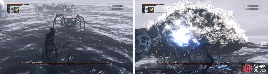 Ignore Rom and focus on his dangerous children first (left). Once they are dead lay into Rom&rsquo;s side with a Lightning weapon to do massive damage (right).