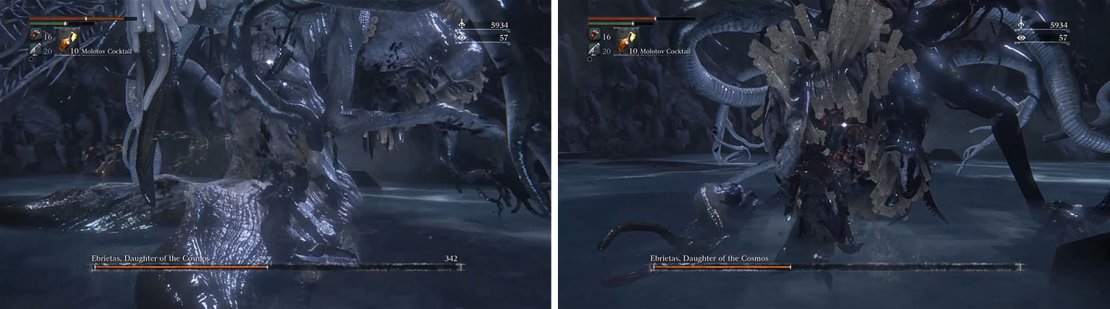Stick to Ebrietas&rsquo; sides, avoiding her attacks, and luring her to use her Head Smash (left). Keep this up until you do enough damage to perform a visceral attack (right).