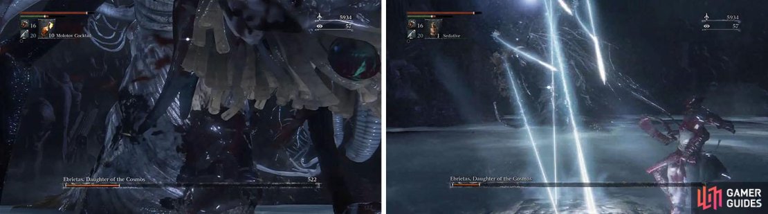 When Ebrietas begins enters Phase 2 you&rsquo;ll want to focus all you attacks on her head (left). If the fight continue, watch out for her Star Shower attack and dodge right (right).