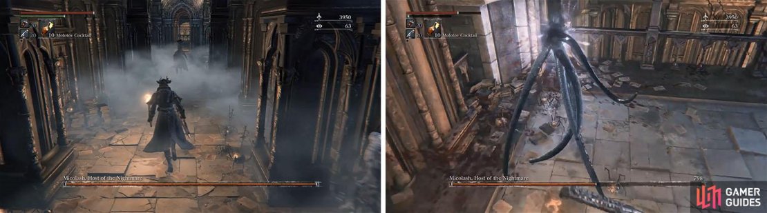 Chase Micolash through the library and into a corner of the library (left). You can now go in for the attack, while avoiding the Augur of Ebrietas (right).