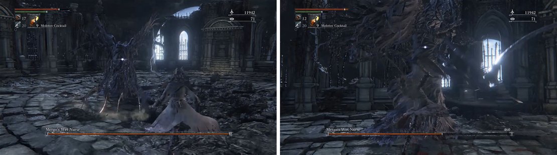 Mergo&rsquo;s Wet Nurse is open for attack after any long animation, such as her Downward Slash (left). She is also vulnerable to attack when she is stuck in the log Blender Combo (right).