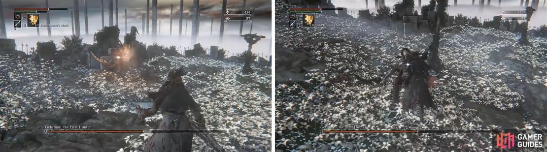 Continue to keep your distance while avoiding Gehrman&rsquo;s firearm (left) and then stagger him when he performs a roll to inflict him with a visceral attack (right).