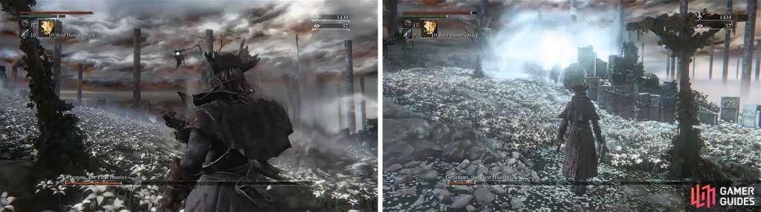 Avoid Gehrman&rsquo;s Air Blade attack, only used when in scythe mode (left). You&rsquo;ll also want to avoid his Moonlight Wave charged attack, striking only when it is over (right).