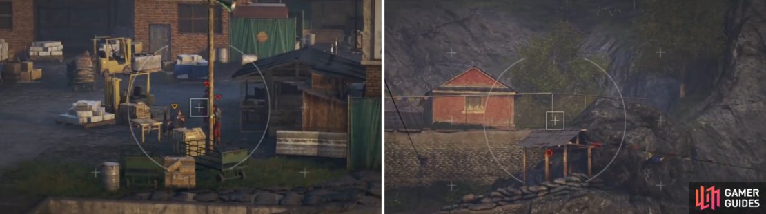 You cannot alert the commander (left), else you will fail. Also, don’t forget about the sniper located on the hill (right).