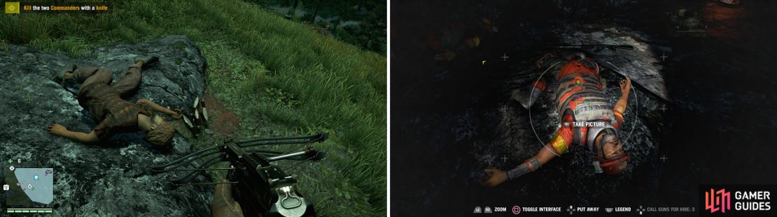 You will need to visit a spot where you can get a weapon of the type you need to use (left). Don&rsquo;t forget you need to take a picture of each commander (right).