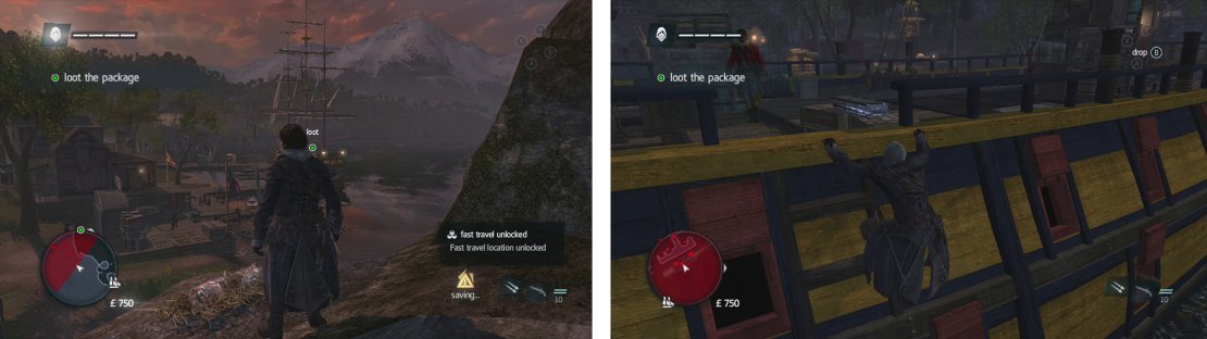 When you reach the view point, look for the ship to the right (left). Swim out and approach from the sea, climb up and grab the chest undetected (right).