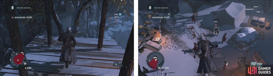 Climb the sniper&rsquo;s tower to find a treetop pathway (left). Follow this to the end for an easy air assassination on our target (right).