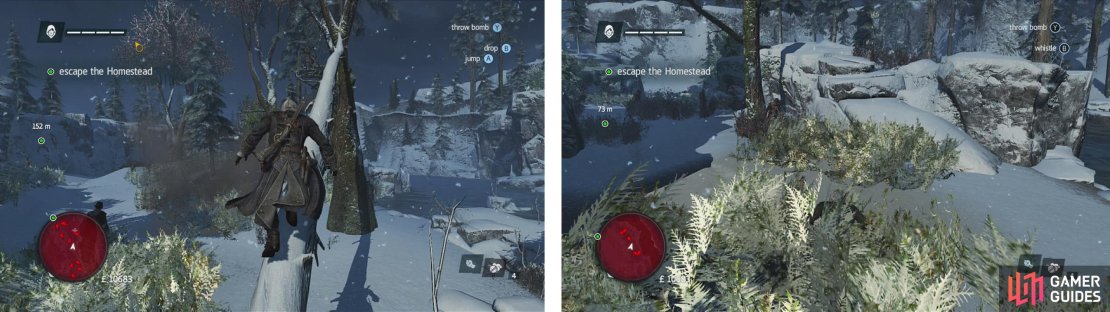 Use the treetops (left) and the bushes scattered about the place (right) to sneak through to the objective marker.
