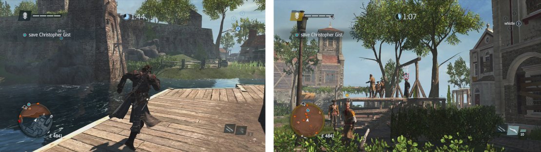 Use the rocks by the wall here to enter the fort (left). Use stalking zones to shoot the rope around the prisoner&rsquo;s neck undetected (right).