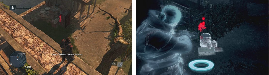 Draw the stalkers out of hiding places (left). Use Eagle vision to locate them (right).